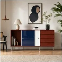 FUFU&GAGA Sideboard 160cm Mid-Century Kommode Walnuss-Optik Blau Weiß