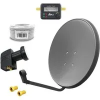 ARLI 60cm HD Sat Anlage grau + Twin LNB + 10m Koaxialkabel + Satfinder SAT-Antenne (60 cm, Stahl, Digital 2 Teilnehmer Antenne grau UHD 4K)