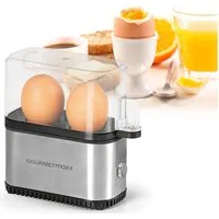 GOURMETmaxx Eierkocher Mini-Eierkocher für 2 Eier 250 W Messbecher & Eipick Silber/Schwarz, 2-Eier-Kocher mit Messbecher, Eipikser & Zufallsfarbauswahl