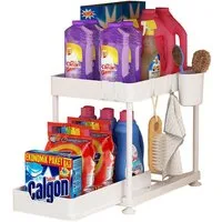 SURFOU Ablageregal Arbeitsplatte Badezimmer Schubladen Küchen Organizer Regal, Multifunktionales Spülschrankregal mit Schublade, 4 Haken und 1 Tassen, 2-Stufiges Lagerregal mit Ausziehbaren Schubladen