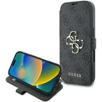 Guess Handyhülle Bookcase iPhone 16 Pro grau Logo goldfarben aufstellbar 6,3 Zoll, Kantenschutz