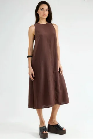 Leinen-Optik ärmelloses Kleid mit Rundhalsausschnitt in Midi-Länge