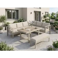 MeXo Gartenlounge-Set XXL Outdoor Lounge Set mit Esstisch, (Wetterfeste modulare Ecklounge aus Aluminium, 5-tlg., Gartenmöbel Set für 6-8 Personen), 12cm Deluxe Relax-Sitzkissen, 8 cm breite Armlehne