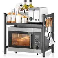 PFCTART Küchenregal Verstellbares Mikrowellenregal aus Karbonstahl, 2-stufiges Mikrowellenregal für die Küche, schwarz 1-tlg., Küchenregal mit 6 Haken, 40–64 cm