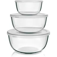 Arendo Salatschüssel 3er Set mit Deckel, Glasschüssel 1,1L / 2,7L / 4,4L, Glas Rührschüssel, Glas, (Set, 3-tlg), Glasschale, BPA-frei, Spülmaschinen und Mikrowellen geeignet