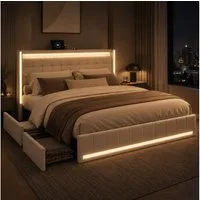Simurq Polsterbett 140x200 cm Stauraumbett mit 4 Schubladen, LED und USB Port (Packung, 1-tlg., Leinenmaterial Doppelbett Mit Kopfteil und Lattenrost), Schubladenbett für Jungen und Mädchen