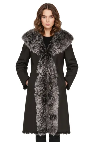 Schwarzer Damen-Trenchcoat mit Kapuze aus echtem Schafleder, Modell Toscana - Verona