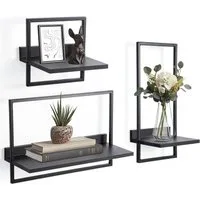 Stelby Wandregal 3‑tlg. Floating Wandregal – Holz & Metall, modern geom. Design, 3-tlg., Schweberegal aus Holz+Metall – platzsparend, vielseitig, langlebig