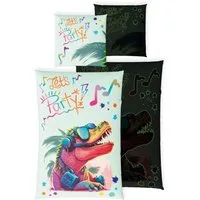 Carpe Sonno Kinderbettwäsche 135 x 200 Jungen Leuchtende Bettwäsche Kinder Dinosaurier + SPIELE, Renforcé, 2 teilig, GLOW IN THE DARK Dino Bettbezug 135x200 - 100% Baumwolle