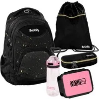 PASO Schulrucksack (Schulset, 5-tlg), BeUniq Mega Set 5-teilig – Schwarz, Gold