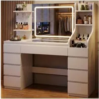 HOMALL Schminktisch Dreifarbiger, LED-beleuchteter Schminktisch Extra großer Stauraum (Maße: 135 × 40 × 137 cm, Arbeitsplatte aus gehärtetem Glas, mit 7 offenen Ablagefächern + 9 Schubladen, 2 Steckdosen + 1 USB-Anschluss + 1 Typ-C-Anschluss, Halteru