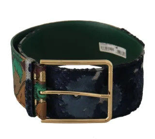 Dolce & Gabbana Grüner Jacquard Bestickter Leder Gürtel mit Goldmetall
