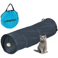 relaxdays Kleintiertunnel Faltbarer Katzentunnel mit Spielzeug, Polyester, grau
