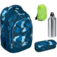 neoxx Schulrucksack Modell "Fly" in blau camouflage mit Tarnmuster, ab der 3. Klasse (Set, 4-tlg., inkl. Schlamper, Alu-Trinkflasche und Regenschutz-Hülle), ergonomisch, gepolstert, leicht, 27L Volumen
