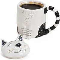 matches21 HOME & HOBBY Tasse Große Teetasse mit Deckel Katze Meow-Design, 1-tlg., Keramik, Tee Kaffee-Becher Kaffeetasse, weiß schwarz goldfarben, 400 ml