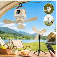 Lapalife Deckenventilator Akku Tragbarer Ventilator mit Licht & Ständer, 4 Windgeschwindigkeiten, 3 Helligkeitsstufen, Ventilator für Outdoor Camping Terrasse, Balkon