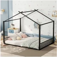 STILVORA Kinderbett 140×200 in Hausform,Bettgestell Flachbett ohne matratze,Schwarz (140x200 cm), ohne Matratze