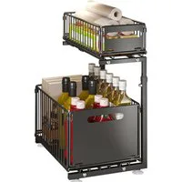 JEOBEST Küchenregal Küchen-Organizer, Unter Waschbecken Regal Metall, Ausziehbar Schublade, 2 Etagen, Höhenverstellbar, Herausziehen Regal Veranstalter
