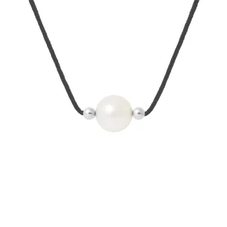 Collier Perle d'Eau Douce Ronde 9-10 mm Blanche Nylon Noir Argent 925