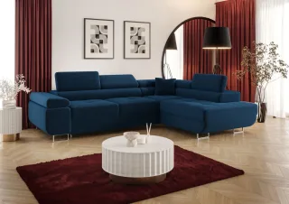 Ecksofa Schlafsofa Sofa MONARO Stoff Poso Blau Ottomane Rechts