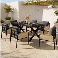 Merax Gartenlounge-Set Polyratten Essgruppe mit rattanbezogenen Armlehnen & Eisengestell, (7-tlg), 6-Sitzer Gartenmöbel-Set Balkonset mit Esstisch, 6 Stühlen & Kissen