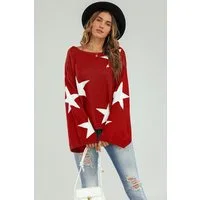 FS Collection Strickpullover Oversize Pullover mit weiten Ärmeln und Stern – Strickwaren (Einheitsgröße: UK 8–12 / EU 36–40, 5 Farben : Grau, Schwarz, Creme, Rot, Dunkelgrün) 100 % Acryl