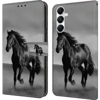 CLM-Tech Handytasche für Samsung Galaxy A57 5G Hülle aus PU-Leder Klapphülle (Pferd in schwarz grau, 1-tlg., Flip Case), Magnetverschluss, Standfunktion und Kartenfächer