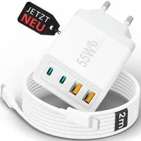 GreenHec Schnellladegerät USB-C iPhone mehrfach Handy Netzteil Adapter + Kabel Schnelllade-Gerät (50 mA, Spar-Set, 55w Quatro Charger + Lighting Kabel, iPhone 14 13 12 11 X XS XR SE Pro Max Air, 4 Multi Port 1m 2m 3m Laden)