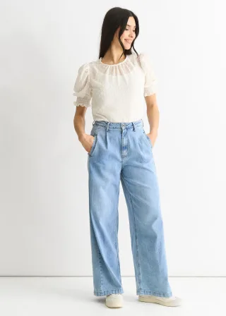 Mid Wash Blue Denim Jeans mit weitem Bein