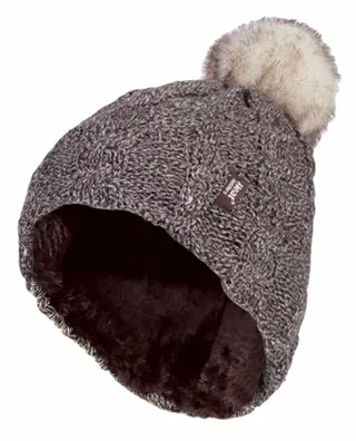 Wärmehalter - Damen Strickfleece gefütterte Thermo-Bommelmütze mit Pom Pom