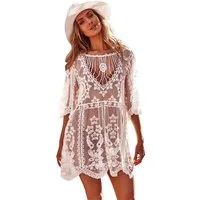 MOPUEA Strandkleid Damen Strandkleid Spitze Transparent Tunika Boho Überwurf Atmungsaktiv