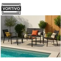 VORTIVO Gartenlounge-Set klein für 4 Personen, wetterfest, (Balkonmöbel Set outdoor, 4-tlg., mit Glastisch, 2 Sesseln & Sofa – UV-beständig & pflegeleicht), Gartenmöbel für Terrasse, Balkon, Garten