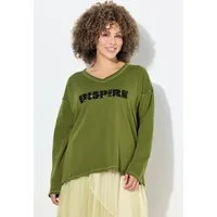 Ulla Popken Sweatshirt Sweatshirt Pailletten-Schriftzug V-Ausschnitt