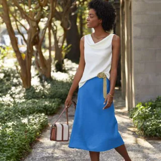 Leinen-Midirock im Schrägschnitt für Damen, Damen, size: regular, Blau, Leinen, by Lands' End