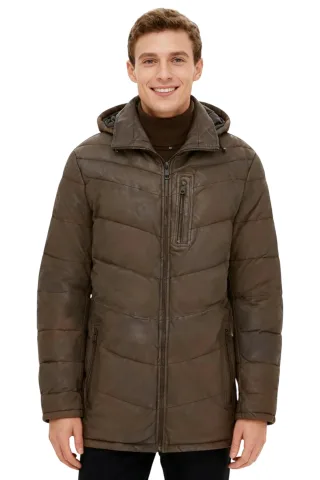Braune Steppjacke aus Leder für Herren mit abnehmbarer Kapuze, Puffer-Wintermantel – Orion