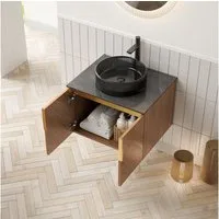 MODFU Waschtisch Badezimmerwaschtisch (Arbeitsplatte aus schwarzem Sinterstein, Sperrholzschrank mit 2 Türen., 1-St)