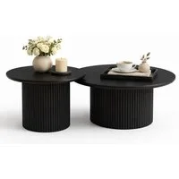 HOOZ Couchtisch Wohnzimmertisch rund 2er Set Trommel Gestell Schwarz 80 & 60 cm (Set, 2-St., 2× Satztisch), Sofatisch mit geriffeltem Gestell – stabil & pflegeleicht