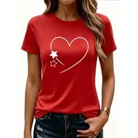 PYLIKE Kurzarmshirt Damen Sommer Elegant Bequemes T-Shirt mit Herz Print Tee Gildan 180G