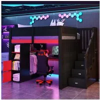MODFU Hochbett für Jugendliche, Gaming-Zimmer (mit Schreibtisch, LED-Beleuchtung, Stauraum-Treppe, Schwarz + Rot, mit USB-Ladeanschluss und Platz für Spielzeug und Bücher, 1-St., 252.5 x 145 x 170)
