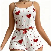 Lovolotti Pyjama Damen Pyjama-Set aus plissiertem Stoff mit Herz-Print Zweiteiliges Homewear Set