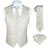 LuxusKollektion Krawatte Weste Herren Floral Hochzeit Jacquard Krawatte Einstecktuch XXL Beige