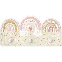 Bilderdepot24 Garderobenpaneel rosa Muster Weltall Himmel Sterne Regenbögen Rosa Mix (Kindergarderobe holz Kleiderhaken für die Wand inkl. Montagematerial), moderne Wand Garderobenleiste Flur - kleine Hakenleiste Kinderzimmer