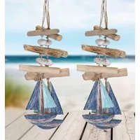 LB H&F Lilienburg Dekohänger 2er SET Girlande Anhänger Deko Bad Badezimmer (Artikel Meer Strand Urlaub Nordsee 2er Set Girlande Segelschiff Dekoartikel Frau Dekoobjekt Meer Dekohänger Shabby Vintage upcycling Hänger Hängen Hängedeko Wandhänger Wandsc