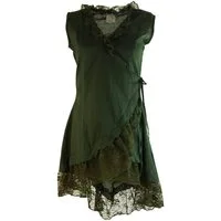 Guru-Shop Longbluse Wickeltunika mit Spitze - dunkelgrün alternative Bekleidung