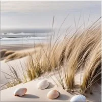 artissimo Glasbild Bild aus Glas 50x50 cm / Wandbild Quadratisch / Wanddeko modern, Strand und Meer: Muscheln im Sand in beige