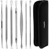 soulima Mitesserentferner Mitesser-Extraktor-Set: 7-tlg. Profi-Tools für effektive Hautpflege, Mitesserentferner-Set, 7-tlg., Set mit 7 doppelseitigen Löffeln und praktischem schwarzen Etui., Sichere Entfernung von Hautunreinheiten ohne Hautverletzun
