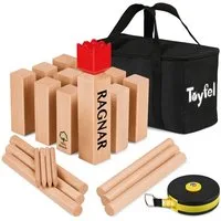 Toyfel Spiel Schwedenschach XXL Kubb Spiel aus Massivholz Geschicklichkeitsspiel, Outdoor Spiel mit Tragetasche & Bandmaß Wurf Schach