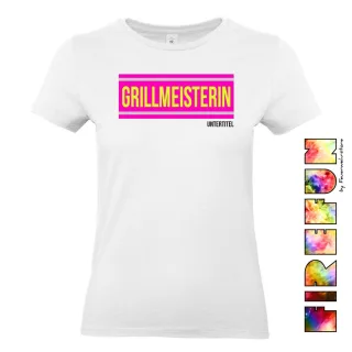 FIREFUN - Damen T-Shirt mit Aufschrift "GRILLMEISTERIN" PINK EDITION 2XL MIT Untertitel (max. 20 Zeichen) Hinten (Rücken) navy