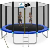 tectake Gartentrampolin Kindertrampolin mit Einstiegsleiter und Sicherheitsnetz Ø 396 cm, (Outdoortrampolin Garfunky, in schwarz/blau), GS zertifiziert, Randabdeckung, reißfestes Sprungtuch