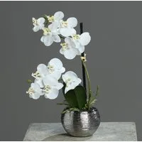 Kunstorchidee 30cm im Keramiktopf, Silber künstliche Orchidee Kunstpflanze Phalaenopsis, mucPlants